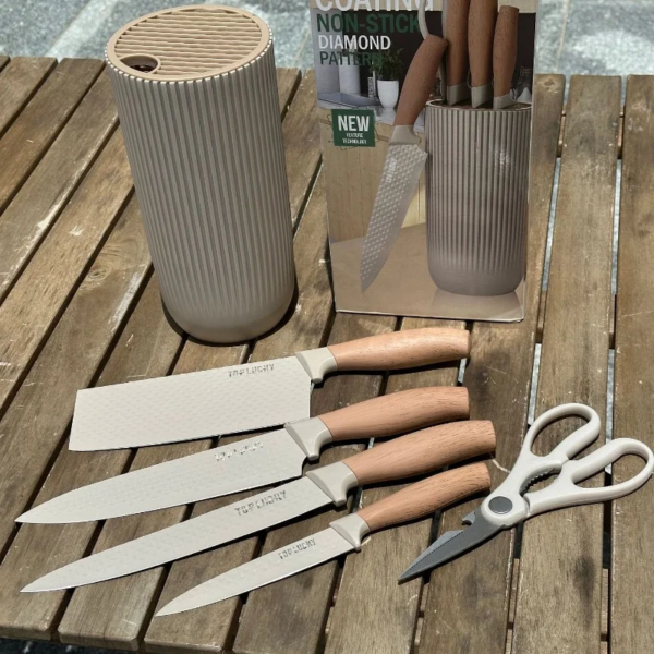 Kitchen Knife Set 6-Piece Professional Stainless Steel Knife Set & block (Beige) - Image 2