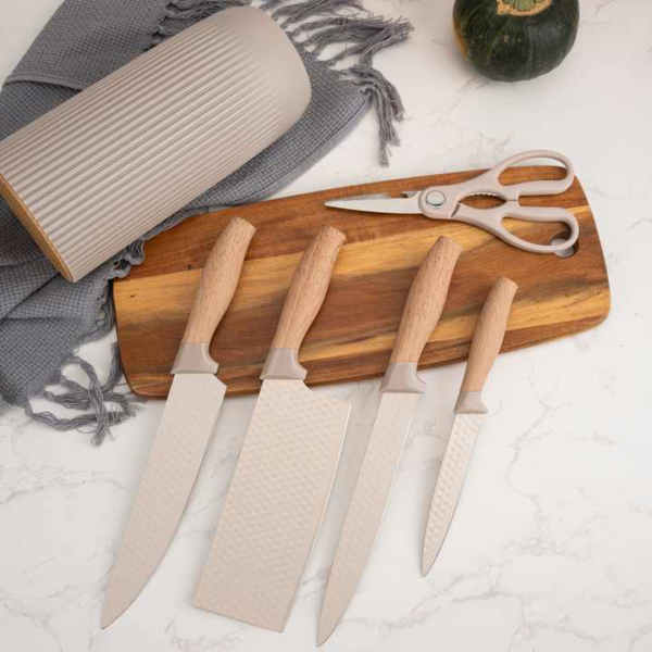 Kitchen Knife Set 6-Piece Professional Stainless Steel Knife Set & block (Beige) - Image 8