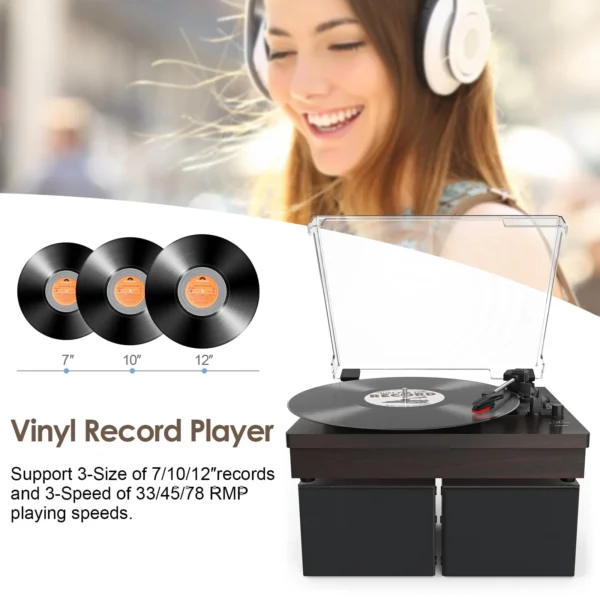 Retro Vinyl Record Player External Stereo Speakers Bluetooth Output USB Input - (Walnut) - Image 2