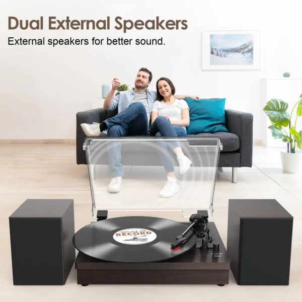 Retro Vinyl Record Player External Stereo Speakers Bluetooth Output USB Input - (Walnut) - Image 3
