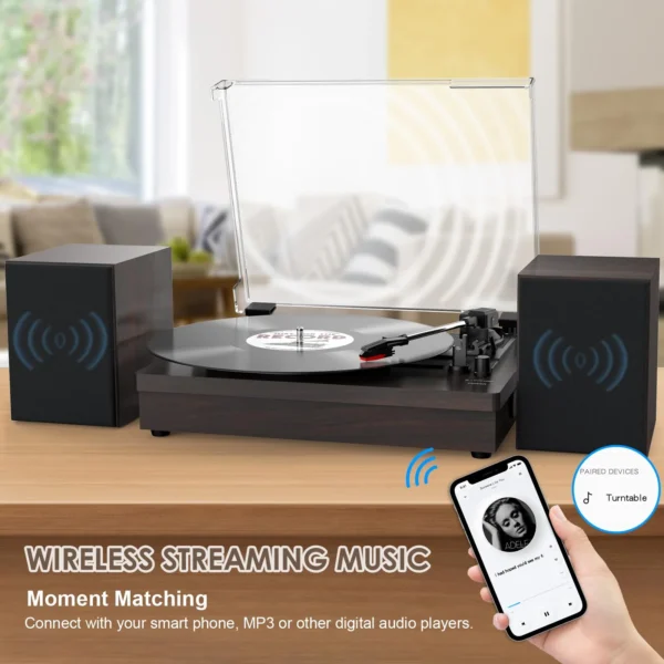 Retro Vinyl Record Player External Stereo Speakers Bluetooth Output USB Input - (Walnut) - Image 5