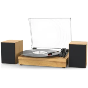 Retro Vinyl Record Player External Stereo Speakers Bluetooth Output USB Input - (Oak)