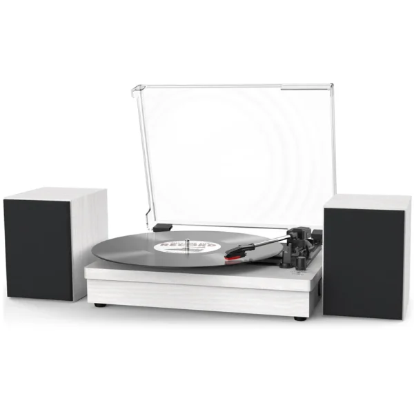 Retro Vinyl Record Player External Stereo Speakers Bluetooth Output USB Input - (White)