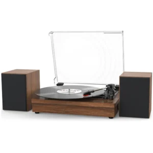 Retro Vinyl Record Player External Stereo Speakers Bluetooth Output USB Input - (Walnut)
