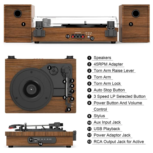 Retro Vinyl Record Player External Stereo Speakers Bluetooth Output USB Input - (Walnut) - Image 14
