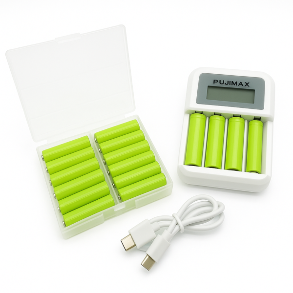 Rechargeable battery pack includes 10 x AAA, 10 x AA, 4 slot charger and case