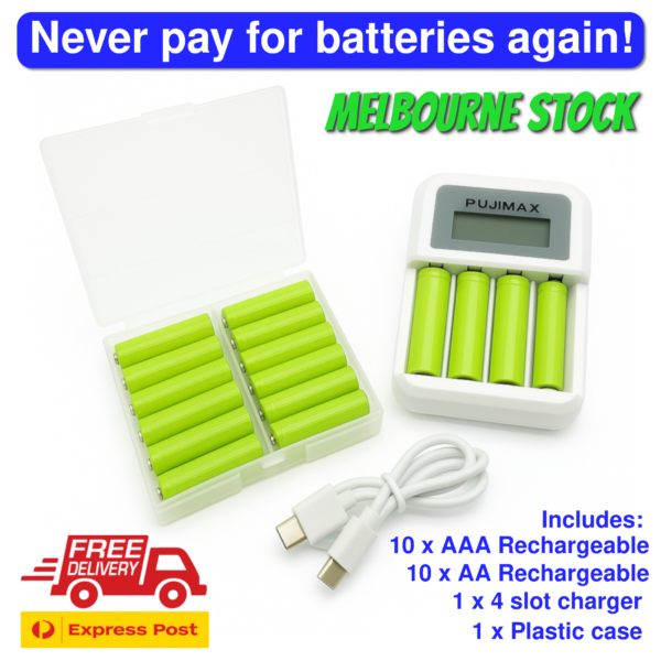 Rechargeable battery pack includes 10 x AAA, 10 x AA, 4 slot charger and case - Image 6