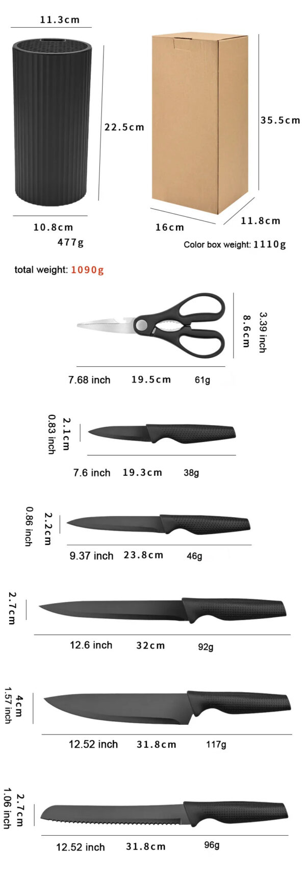 Black 7-piece Professional Stainless Steel Kitchen Knife Block Set - Image 2