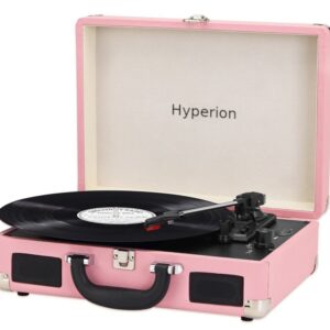 Pink suitcase-style record player with the brand name "Hyperion" on the inner lid