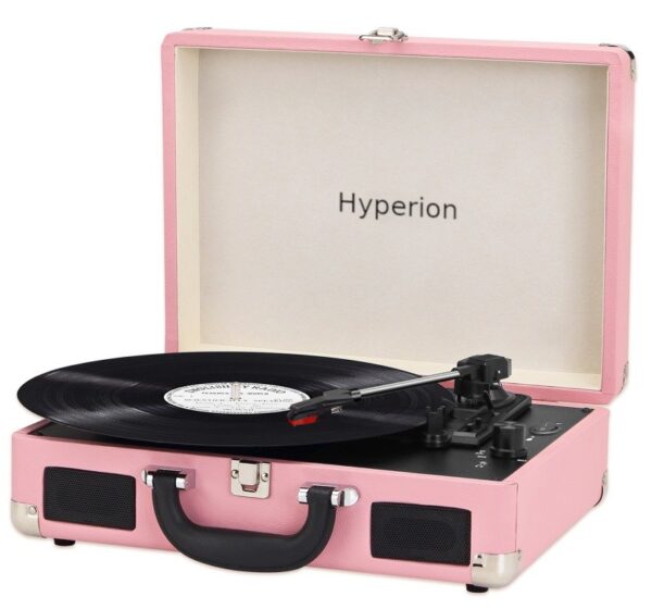 Pink suitcase-style record player with the brand name "Hyperion" on the inner lid