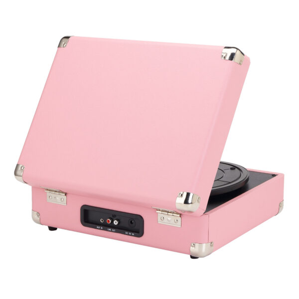 Pink suitcase-style record player with the brand name "Hyperion" on the inner lid