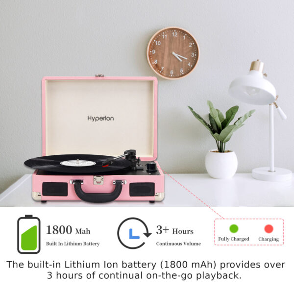 Pink suitcase-style record player with the brand name "Hyperion" on the inner lid
