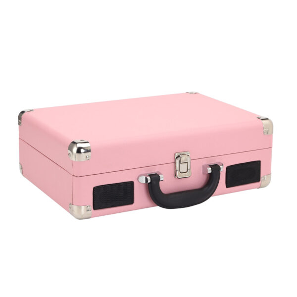 Pink suitcase-style record player with the brand name "Hyperion" on the inner lid