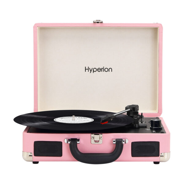 Pink suitcase-style record player with the brand name "Hyperion" on the inner lid
